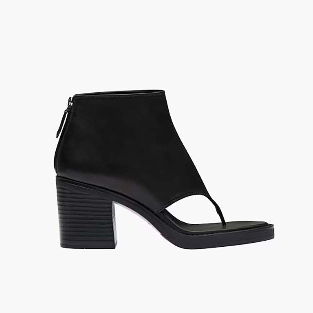 Side view of Miu Miu Women Leather Thong Booties-Black showing heel
