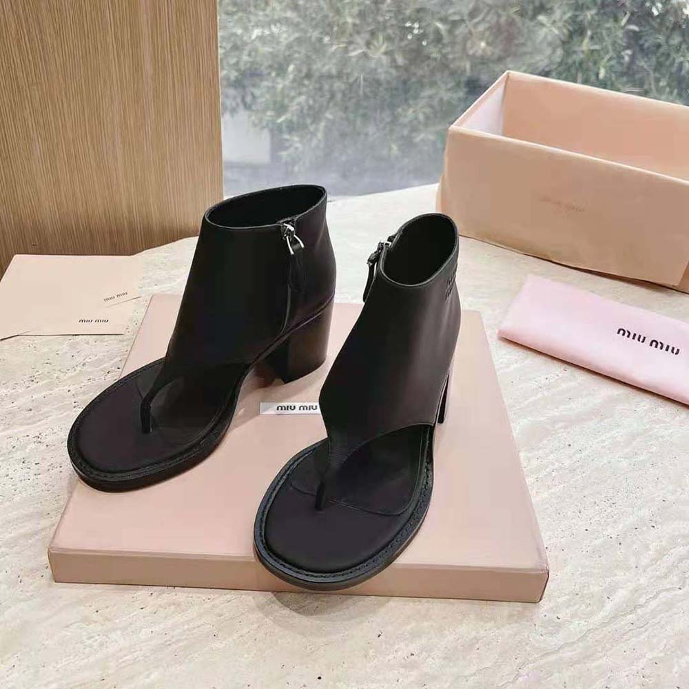 Top view highlighting silhouette of Miu Miu Women Leather Thong Booties-Black