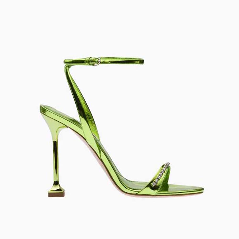 Side view of Miu Miu Women Metallic Leather Sandals-Green showing heel