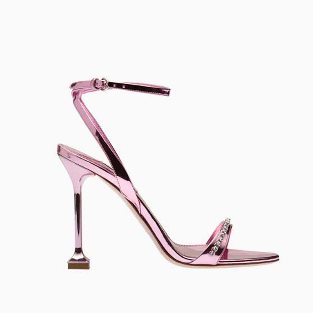 Front angle view of Miu Miu Women Metallic Leather Sandals-Pink