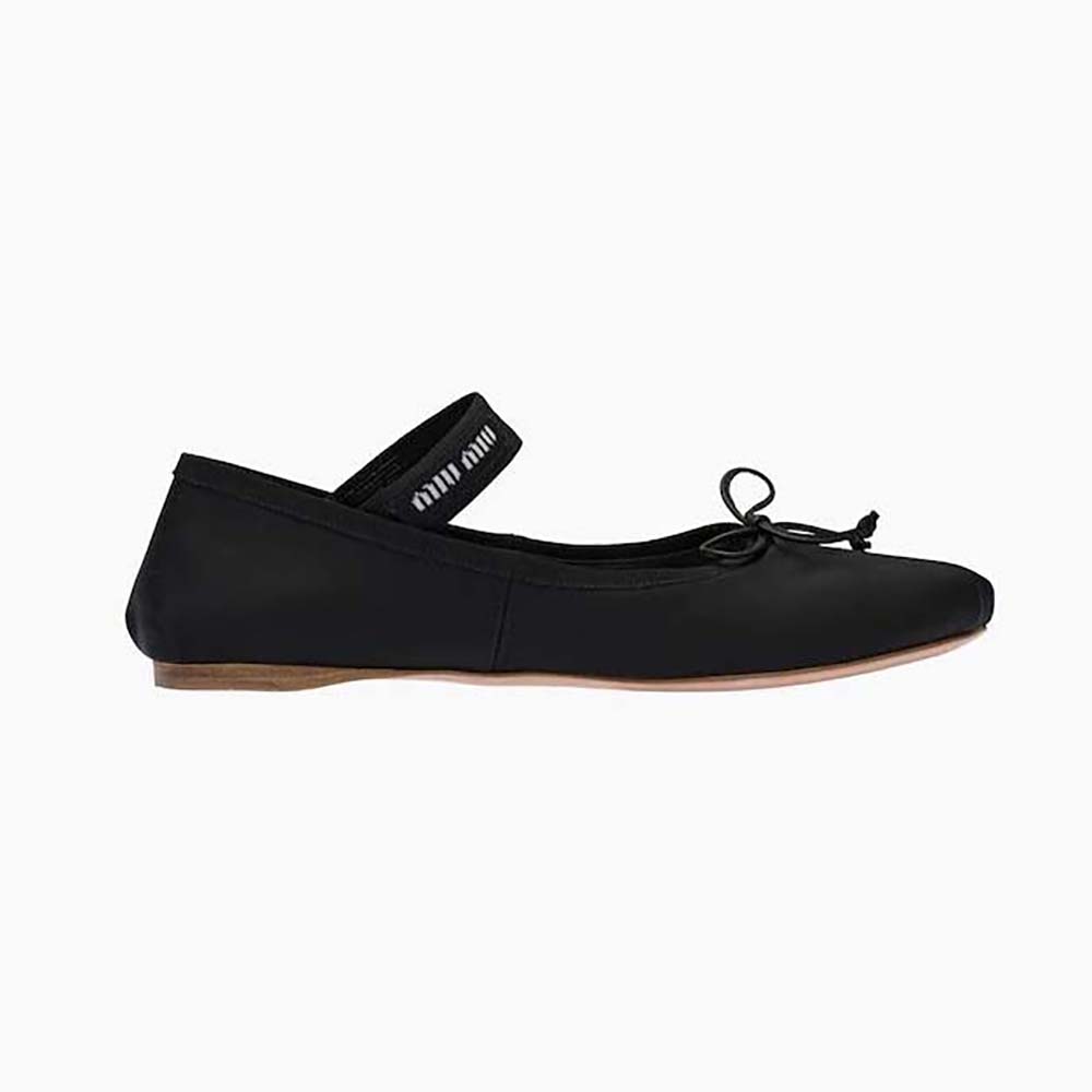 Front angle of Miu Miu Women Satin Ballerinas with Knit Logo Label-Black