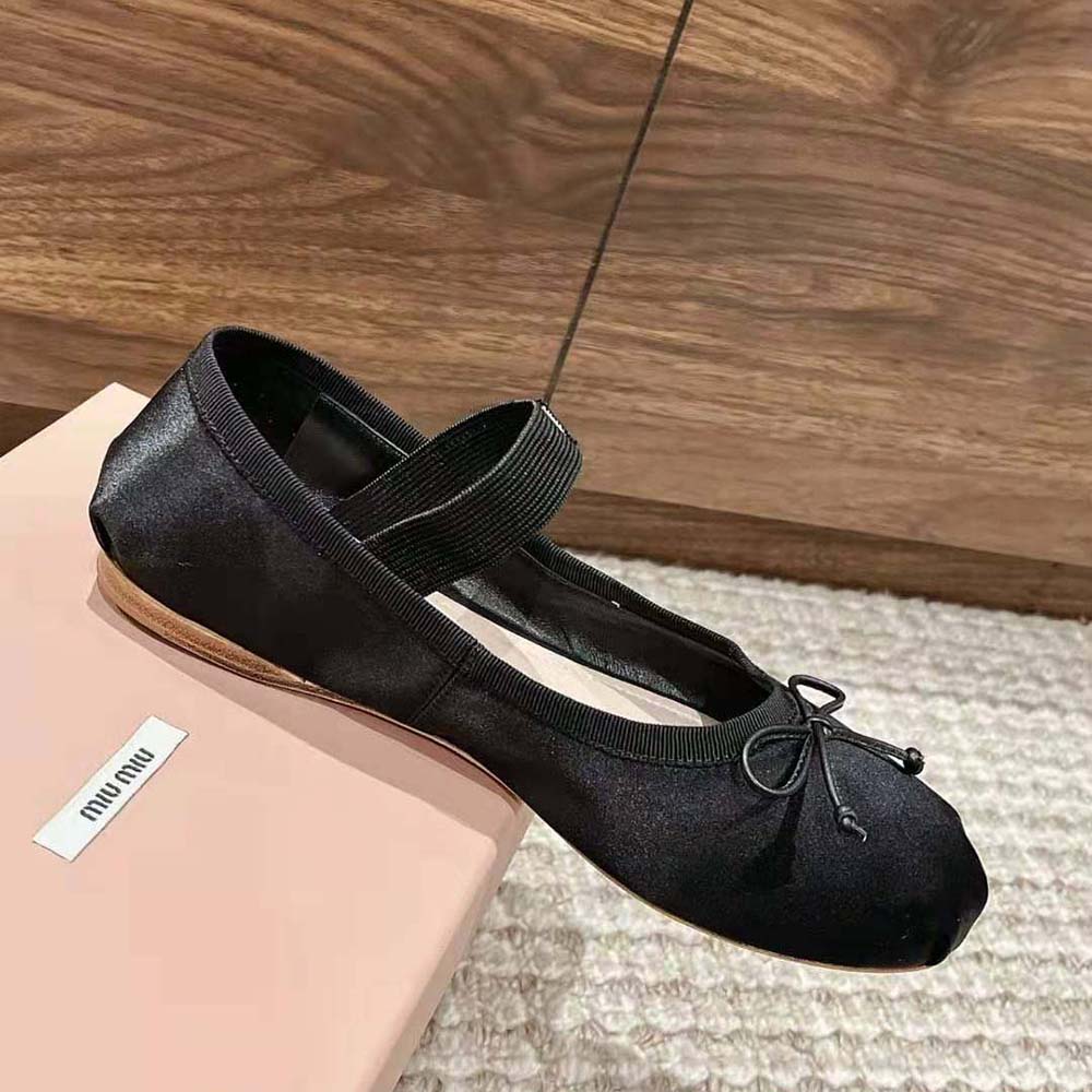 Miu Miu Women Satin Ballerinas with Knit Logo Label-Black - image 4