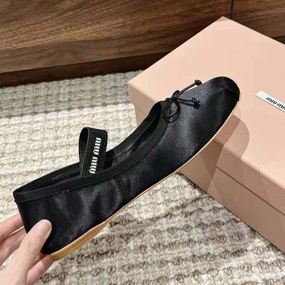 Miu Miu Women Satin Ballerinas with Knit Logo Label-Black - image 5