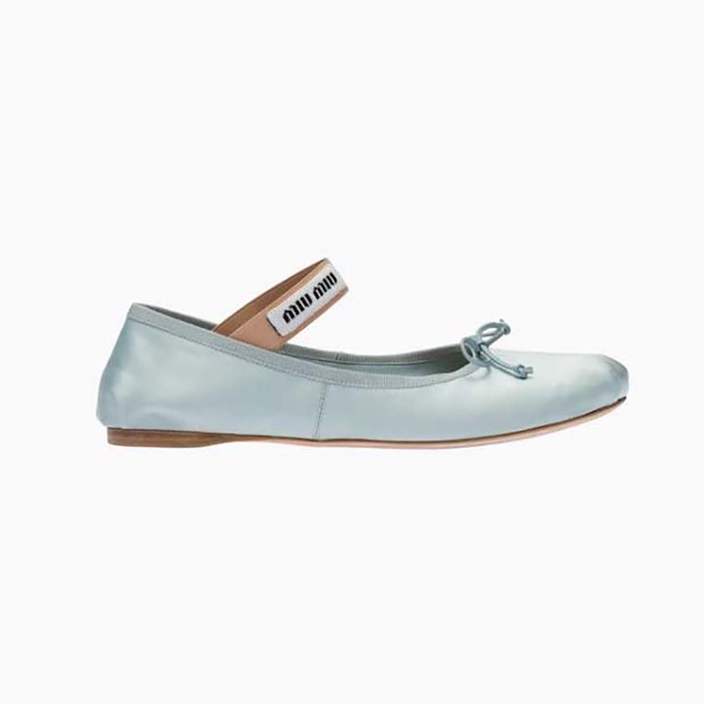 Side view of Miu Miu Women Satin Ballerinas with Knit Logo Label-Blue