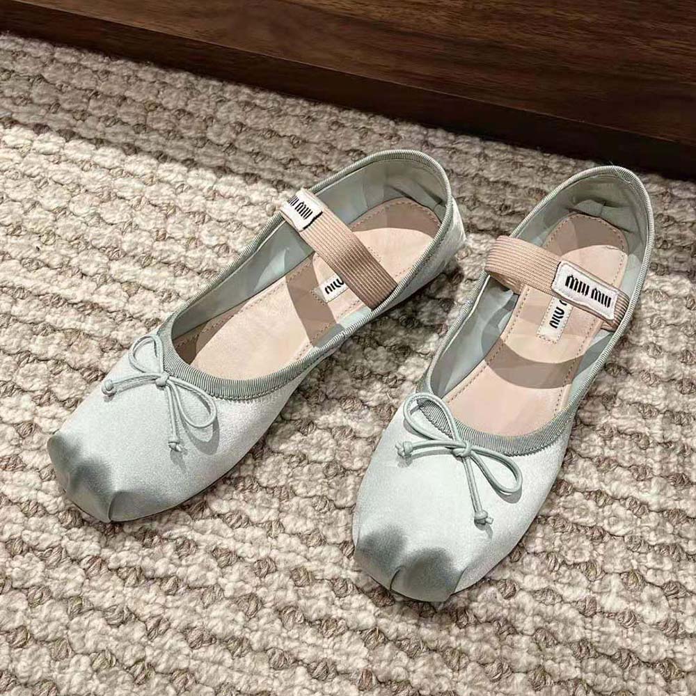 Top-down view of Miu Miu Women Satin Ballerinas with blue satin finish
