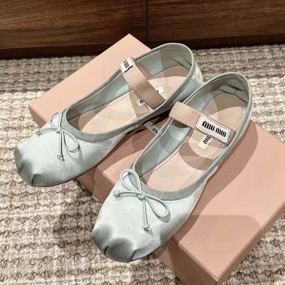 Miu Miu Women Satin Ballerinas with Knit Logo Label-Blue - image 4