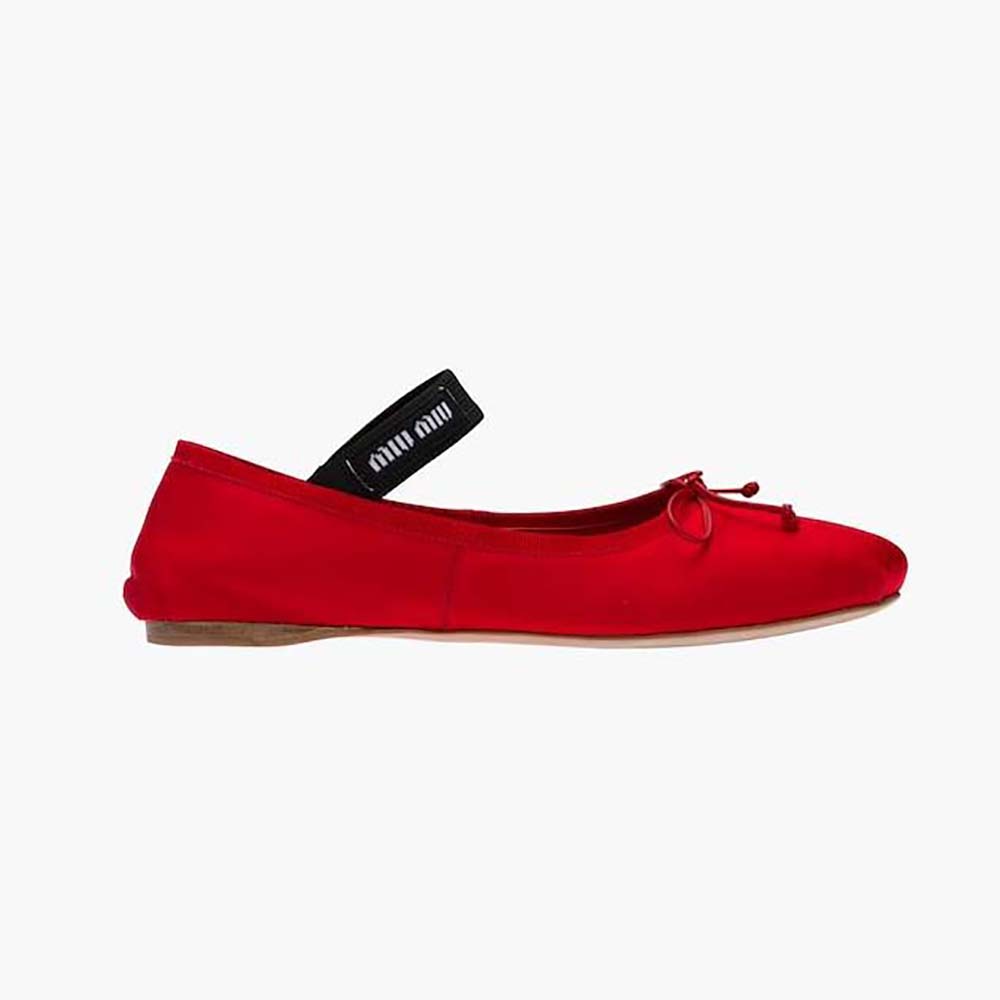 Side angle of Miu Miu Women Satin Ballerinas with Knit Logo Label-Red showing silhouette