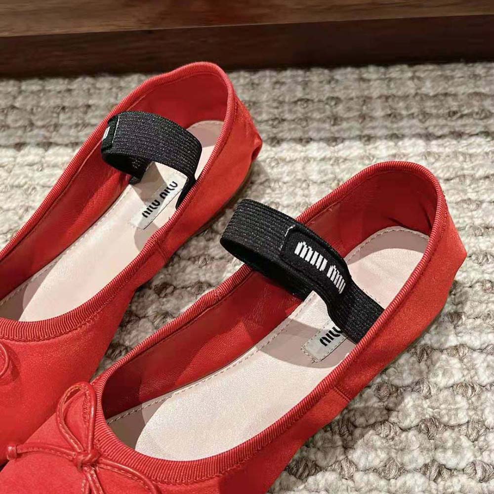 Miu Miu Women Satin Ballerinas with Knit Logo Label-Red - image 9