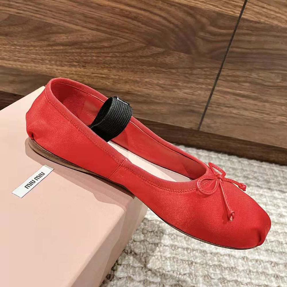 Miu Miu Women Satin Ballerinas with Knit Logo Label-Red - image 5