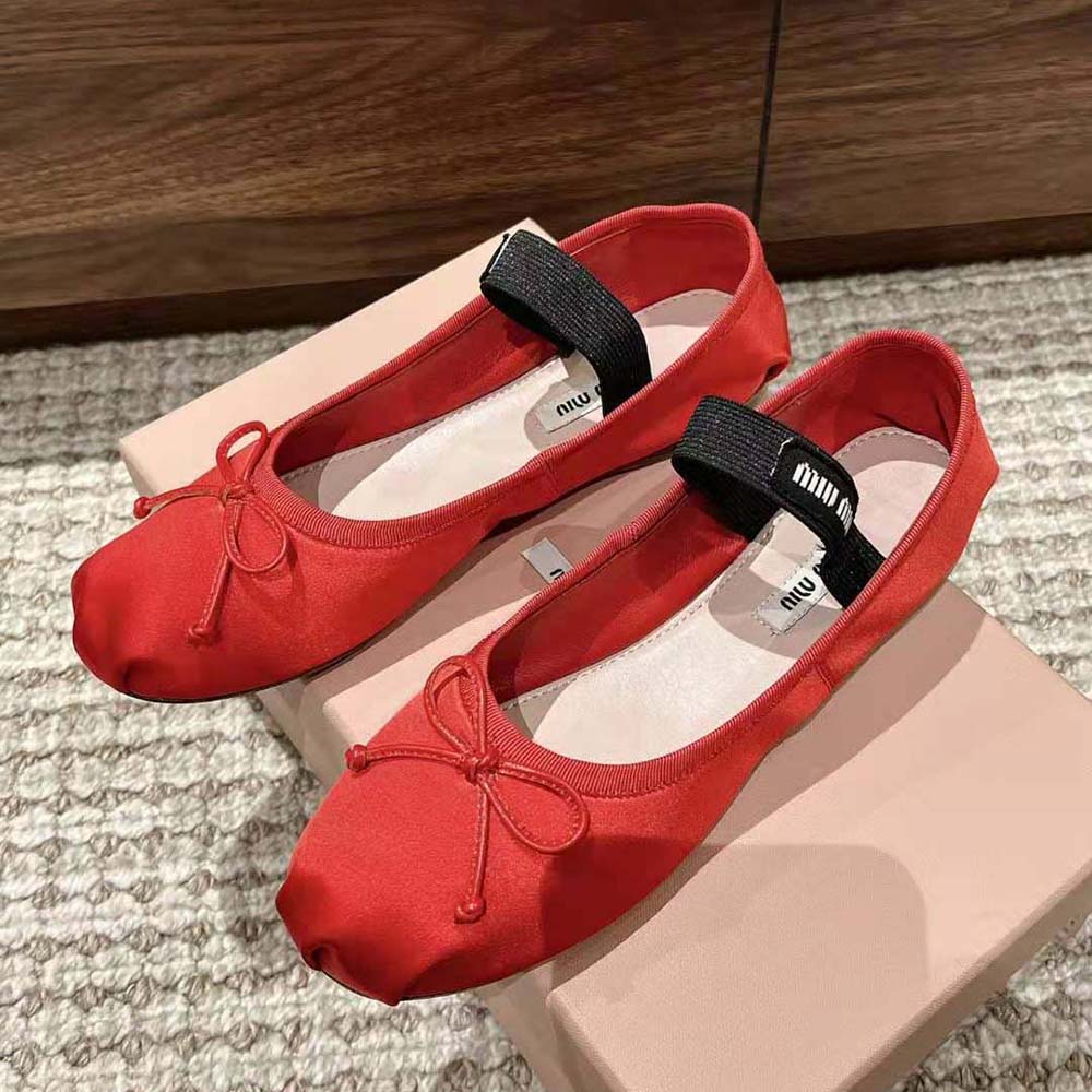 Miu Miu Women Satin Ballerinas with Knit Logo Label-Red - image 4