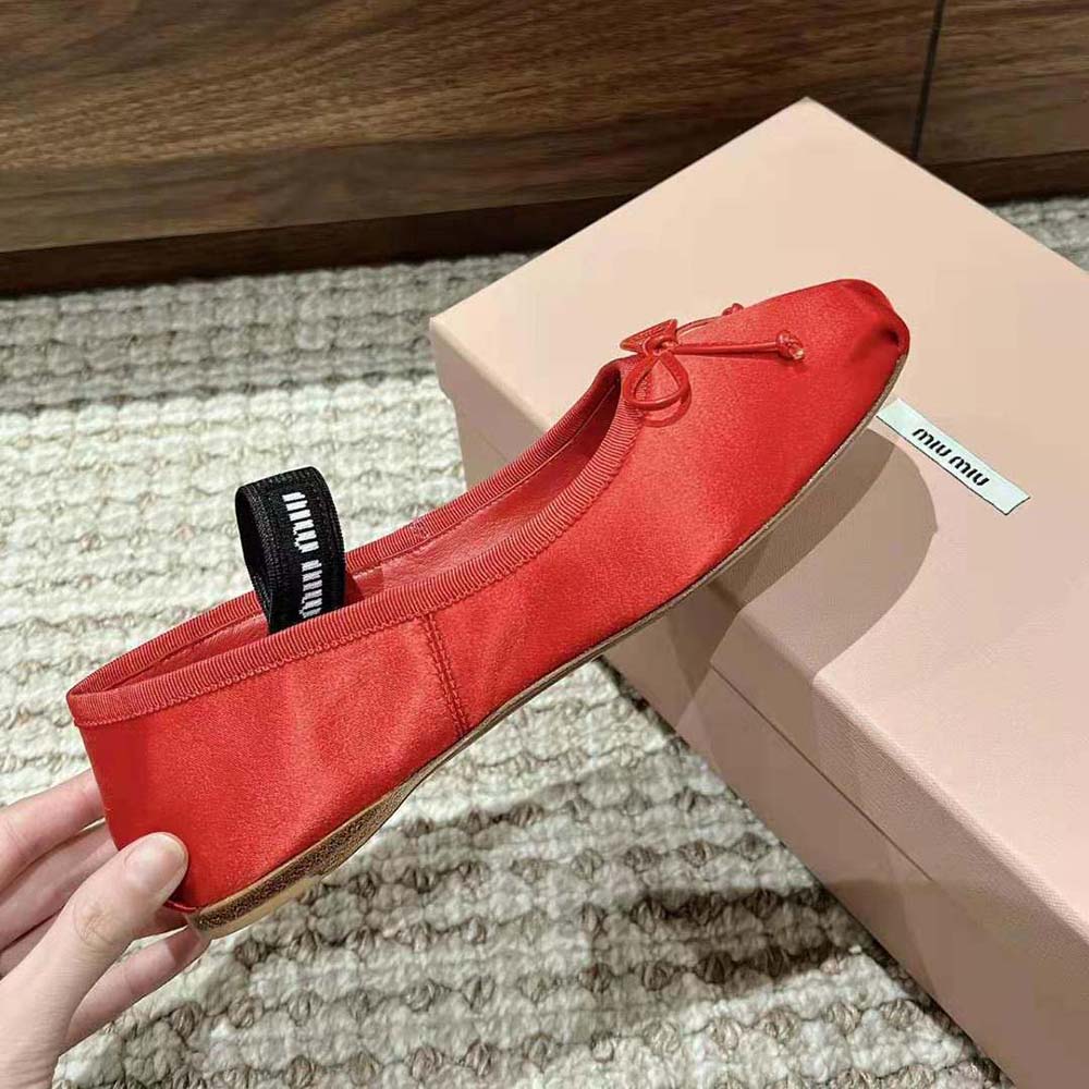 Miu Miu Women Satin Ballerinas with Knit Logo Label-Red - image 6