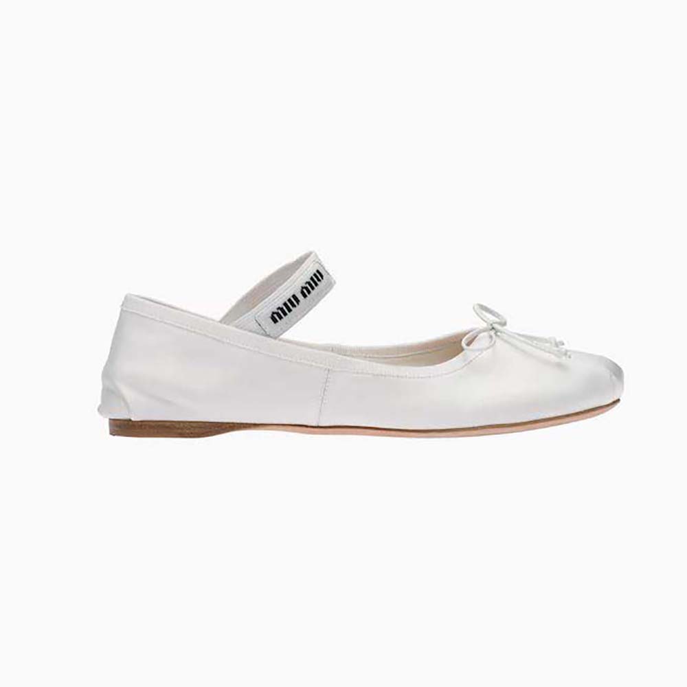 Side view of Miu Miu Women Satin Ballerinas with Knit Logo Label-White