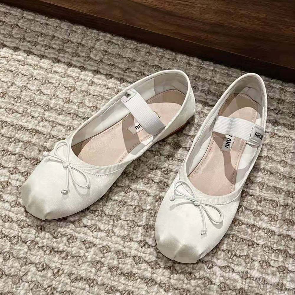 Miu Miu Women Satin Ballerinas with Knit Logo Label-White - image 4