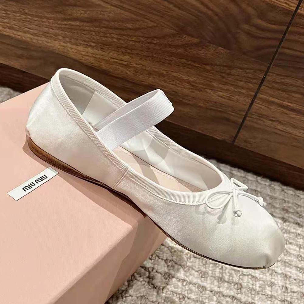Miu Miu Women Satin Ballerinas with Knit Logo Label-White - image 5