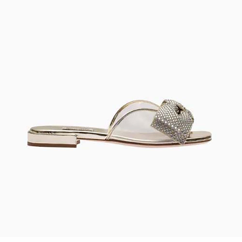 Front angle of Miu Miu Women Vinyl and Metallic Leather Sandals with Crystals in gold