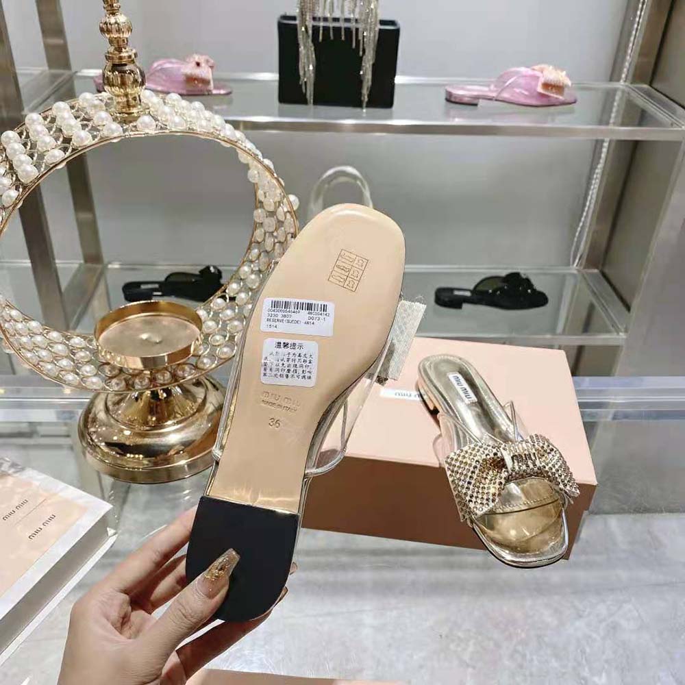 Miu Miu Women Vinyl and Metallic Leather Sandals with Crystals - image 10