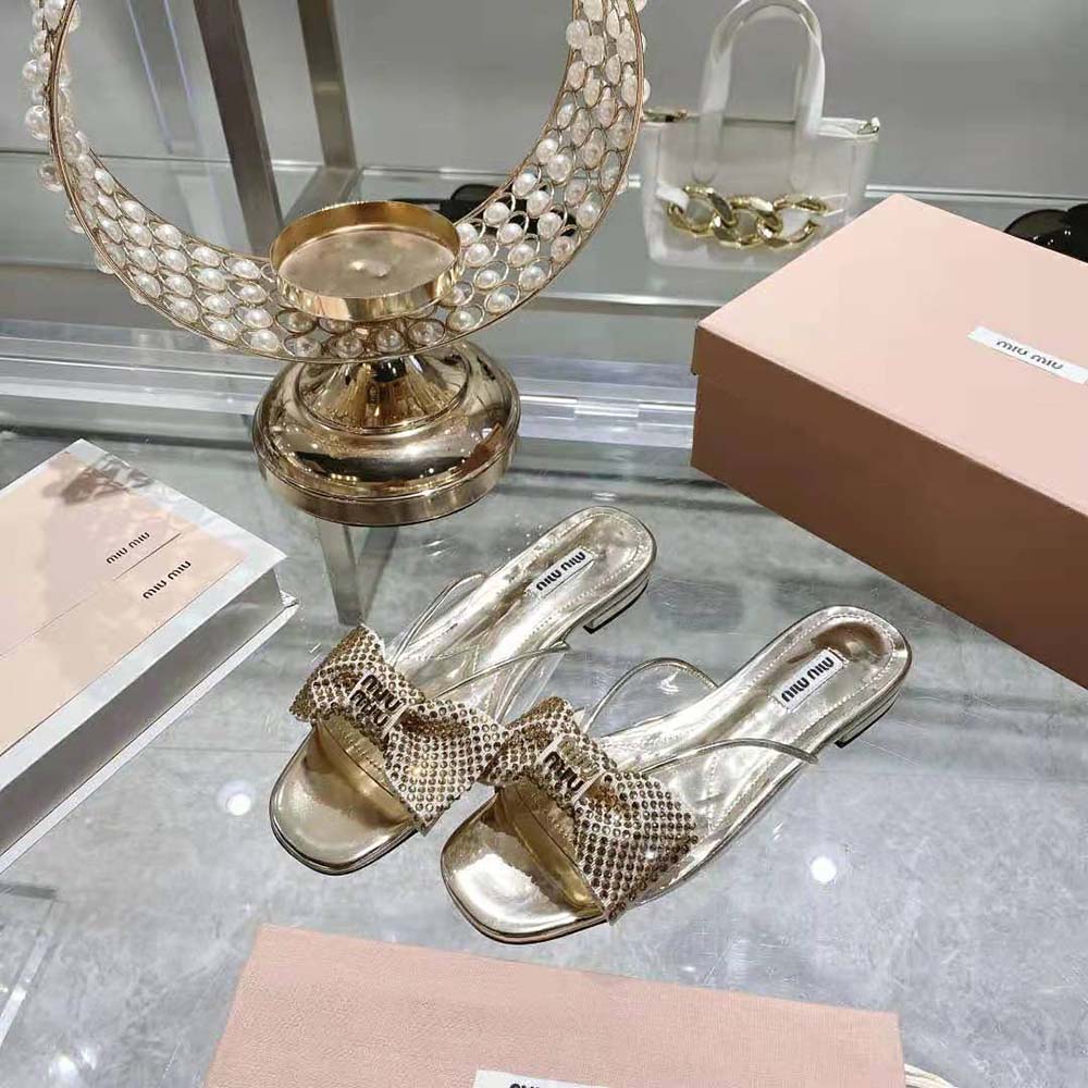Miu Miu Women Vinyl and Metallic Leather Sandals with Crystals - image 4