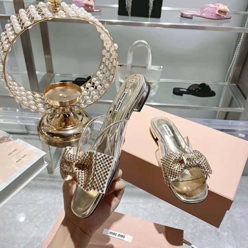 Miu Miu Women Vinyl and Metallic Leather Sandals with Crystals - image 6