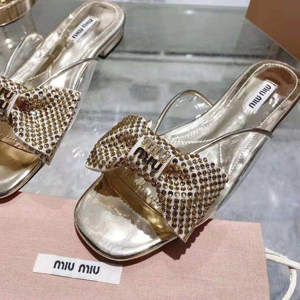 Miu Miu Women Vinyl and Metallic Leather Sandals with Crystals - image 8