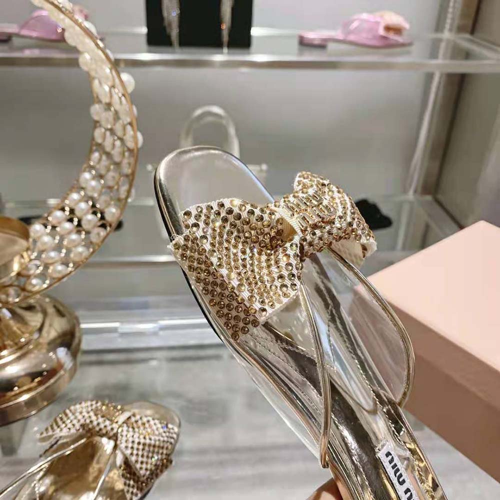 Miu Miu Women Vinyl and Metallic Leather Sandals with Crystals - image 9