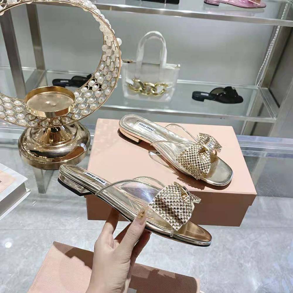 Miu Miu Women Vinyl and Metallic Leather Sandals with Crystals - image 5