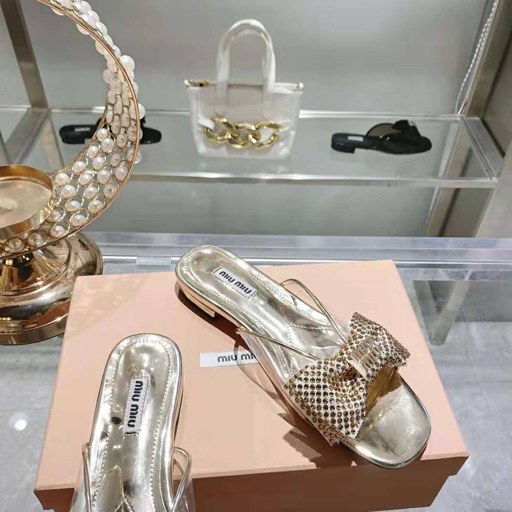 Miu Miu Women Vinyl and Metallic Leather Sandals with Crystals - image 7