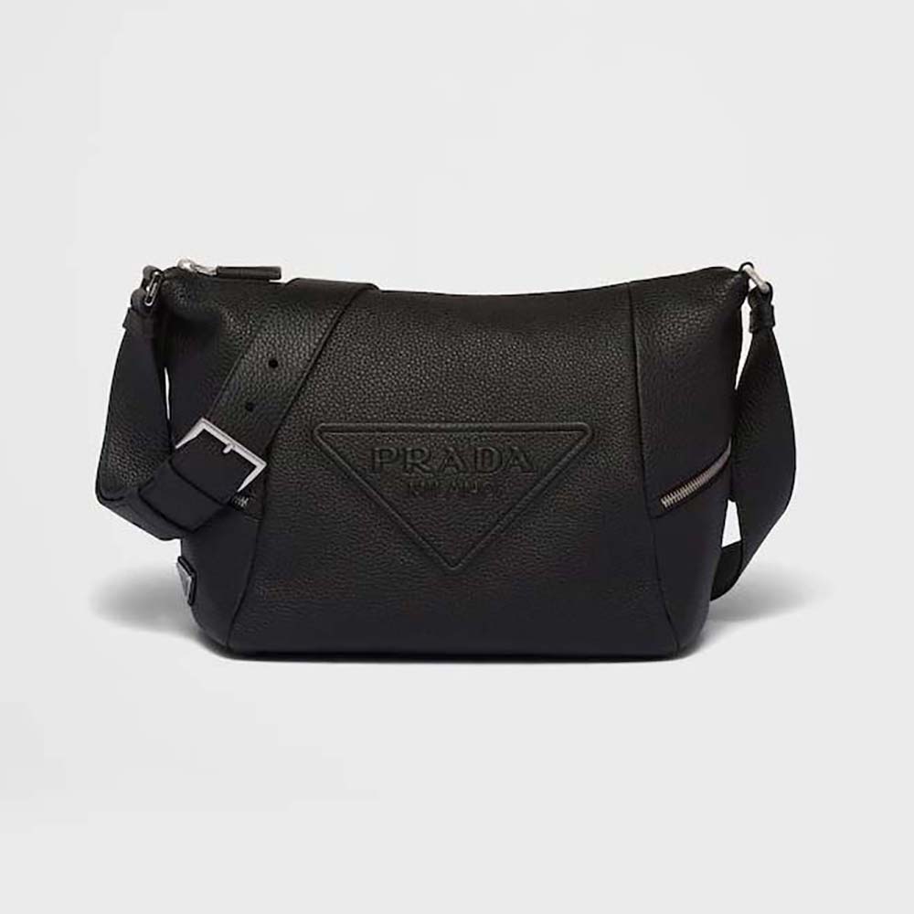 Front view of Prada Men Leather Bag with Shoulder Strap-Black displaying zip closure