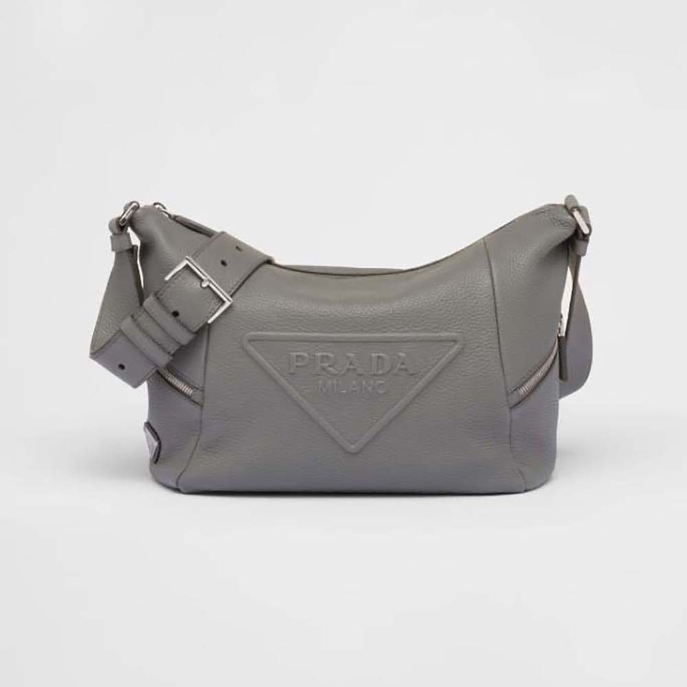 Front view of Prada Men Leather Bag with Shoulder Strap-Gray showing zipper detail