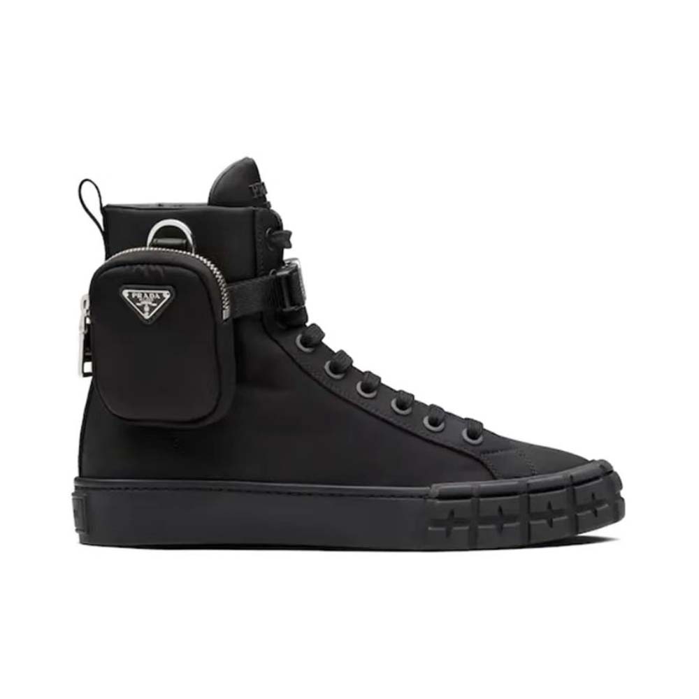 Side profile of Prada Unisex Wheel Re-Nylon High-top Sneakers-Black
