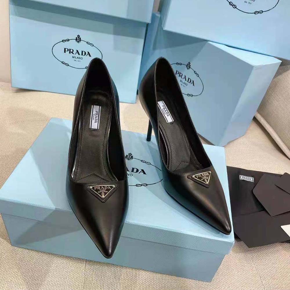 Top-down view highlighting slip-on style of Prada Women Brushed Leather Pumps-Black