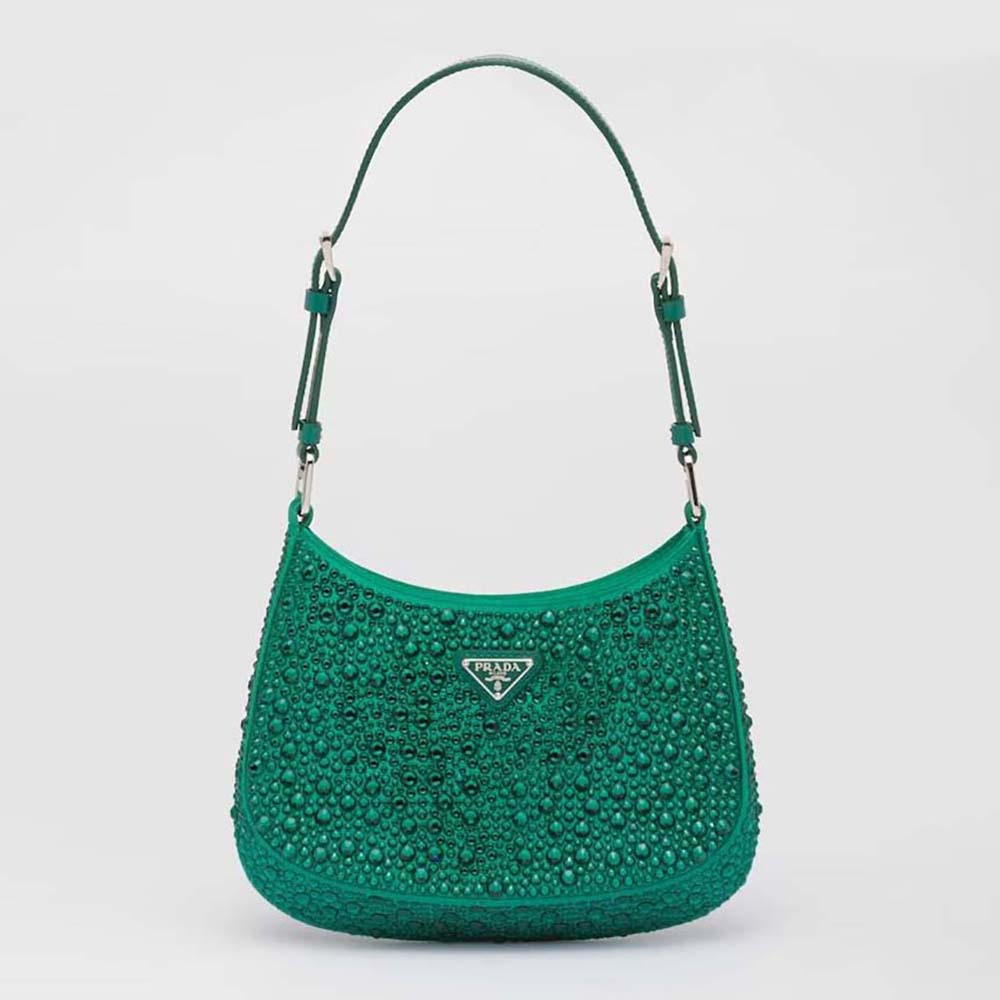 Front view of Prada Women Cleo Satin Bag with Crystals-Green showing flap and crystals