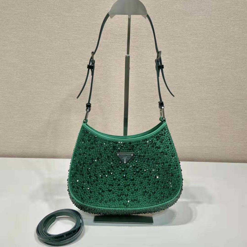 Close-up detail of crystal embellishments on Prada Women Cleo Satin Bag with Crystals-Green