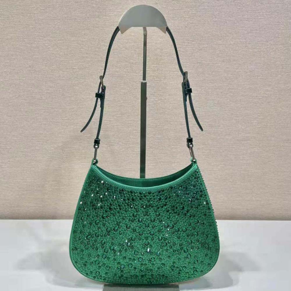 Side angle of Prada Women Cleo Satin Bag with Crystals-Green highlighting gold hardware