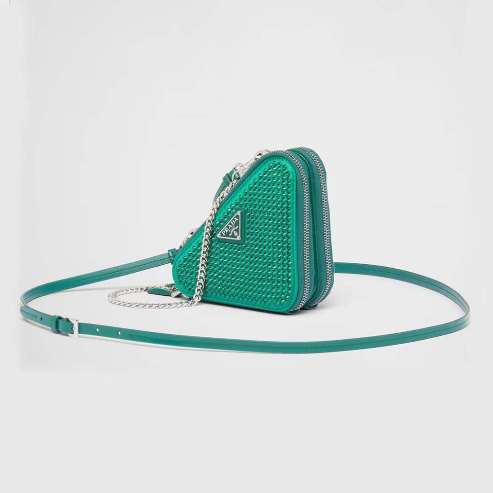 Front view of Prada Women Embellished Satin and Leather Mini-Pouch-Green with gold hardware