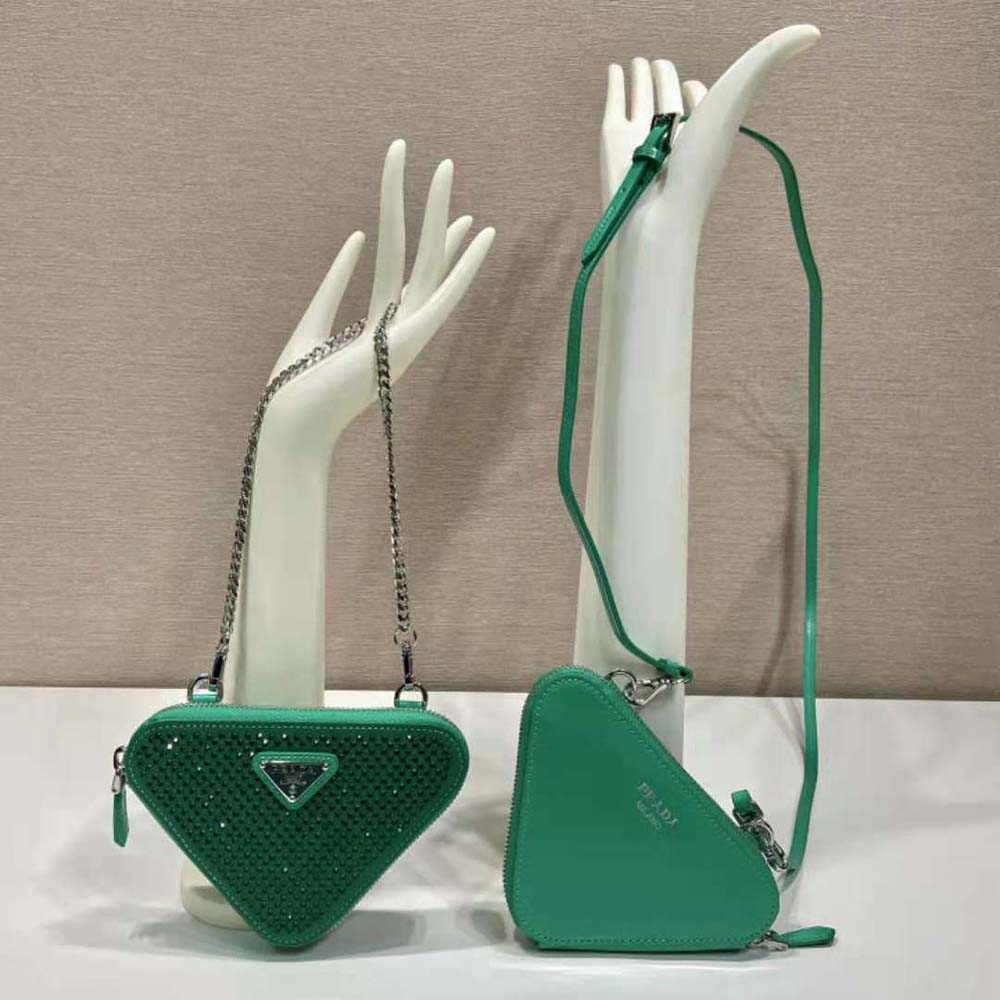 Close-up of green satin and leather textures on Prada Women Embellished Mini-Pouch
