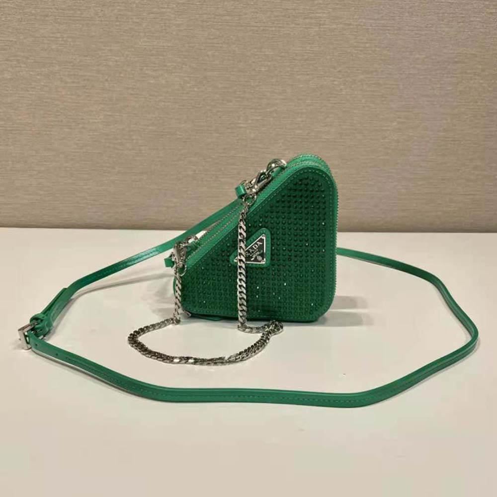 Prada Women Embellished Satin and Leather Mini-Pouch-Green - image 4