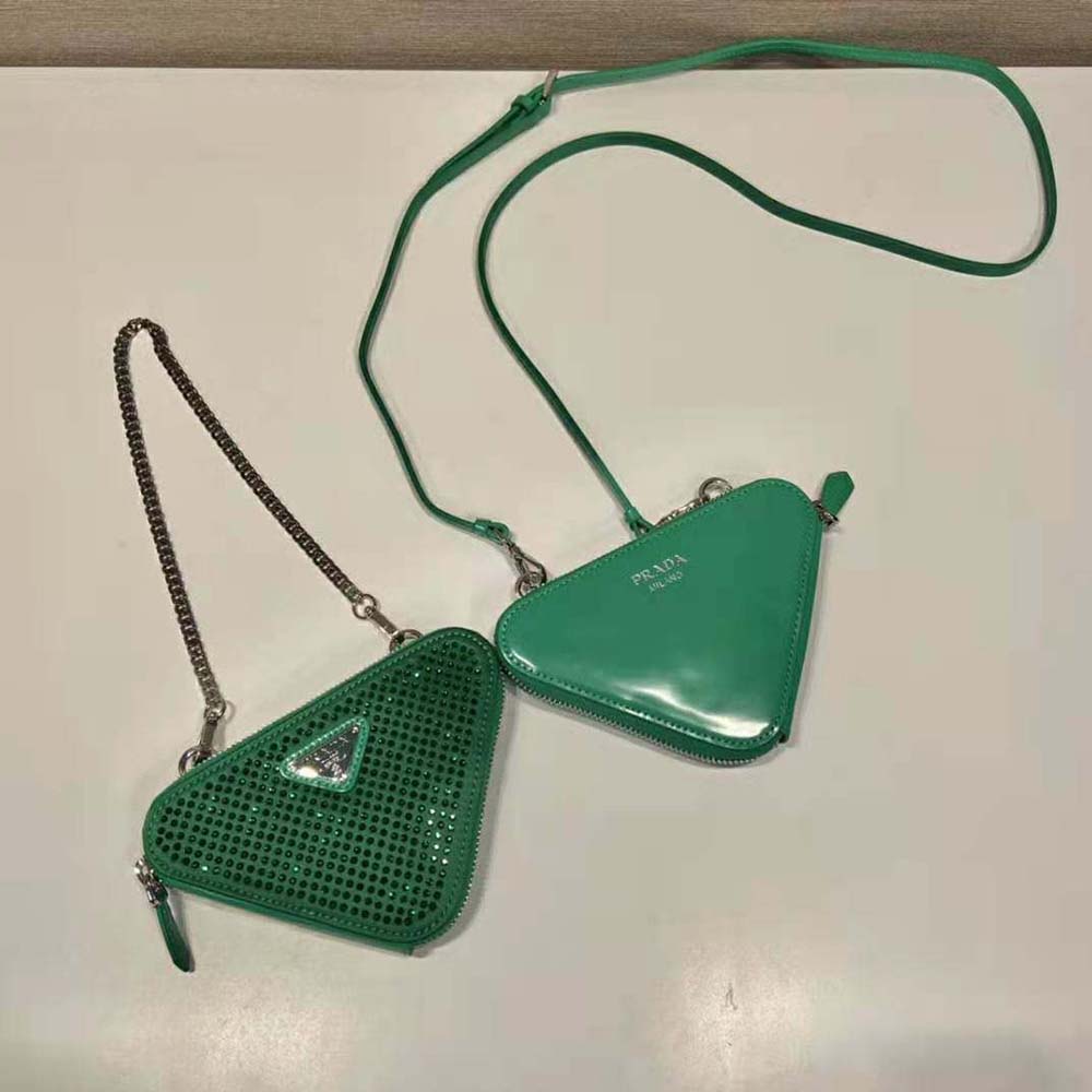 Side angle showing compact silhouette of Prada Women Embellished Satin and Leather Mini-Pouch-Green