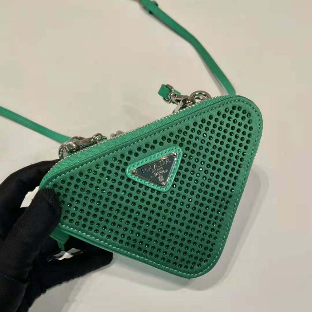 Prada Women Embellished Satin and Leather Mini-Pouch-Green - image 6