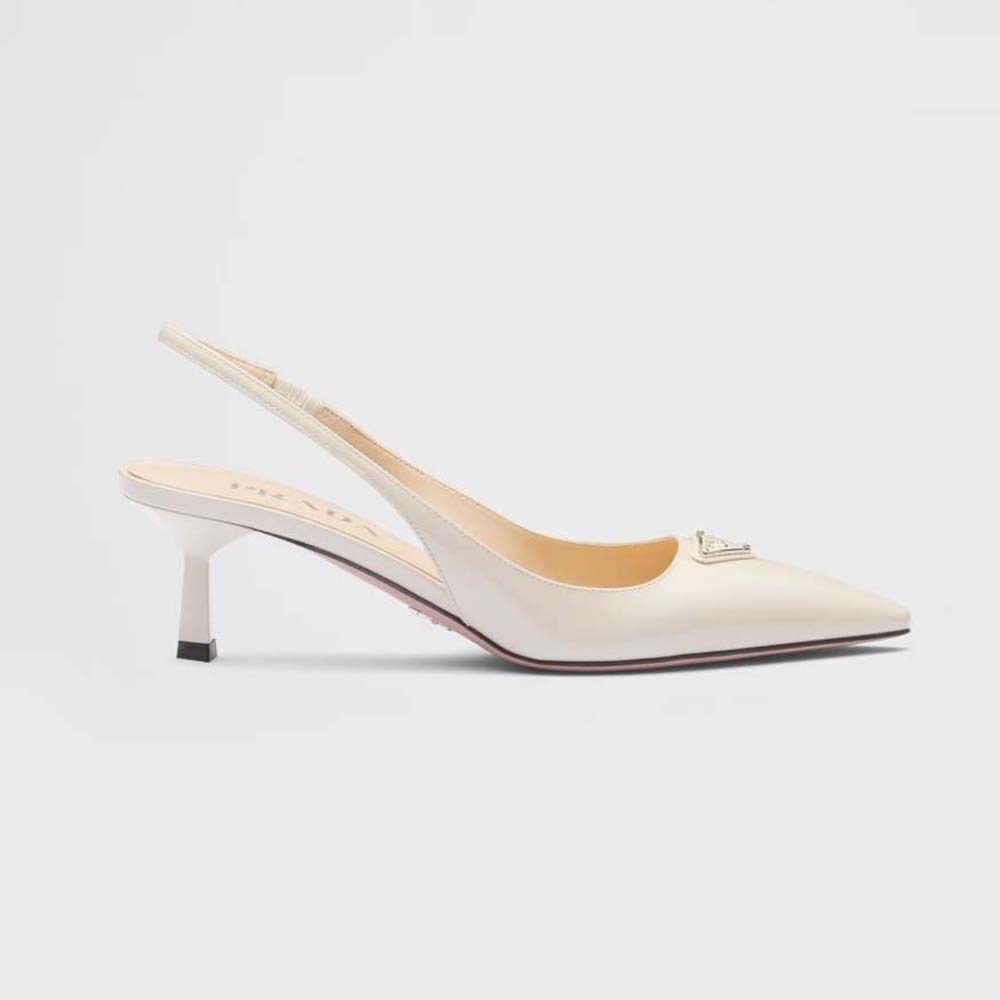 Side view of Prada Women Patent-Leather Slingback Pumps-White showing sleek silhouette