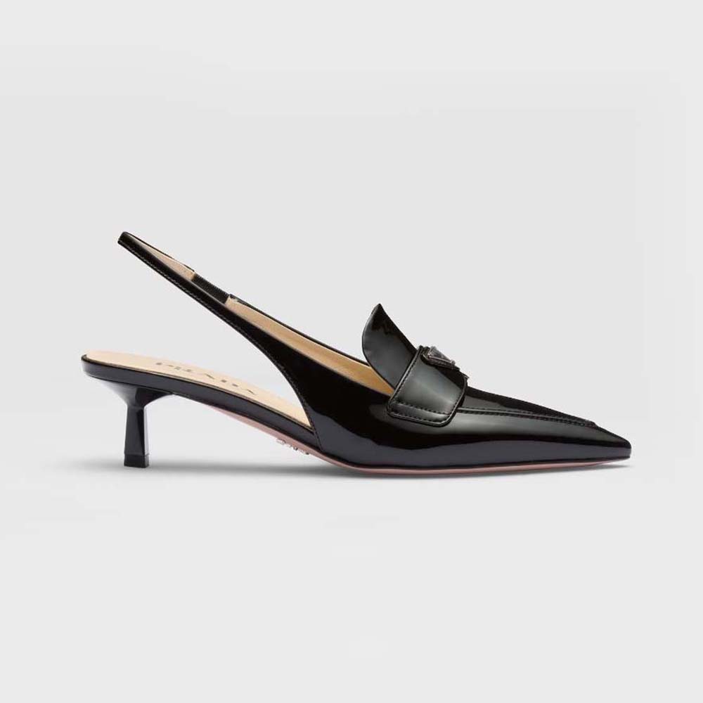 Side view of Prada Women Patent Leather Slingbacks-Black showing high heel
