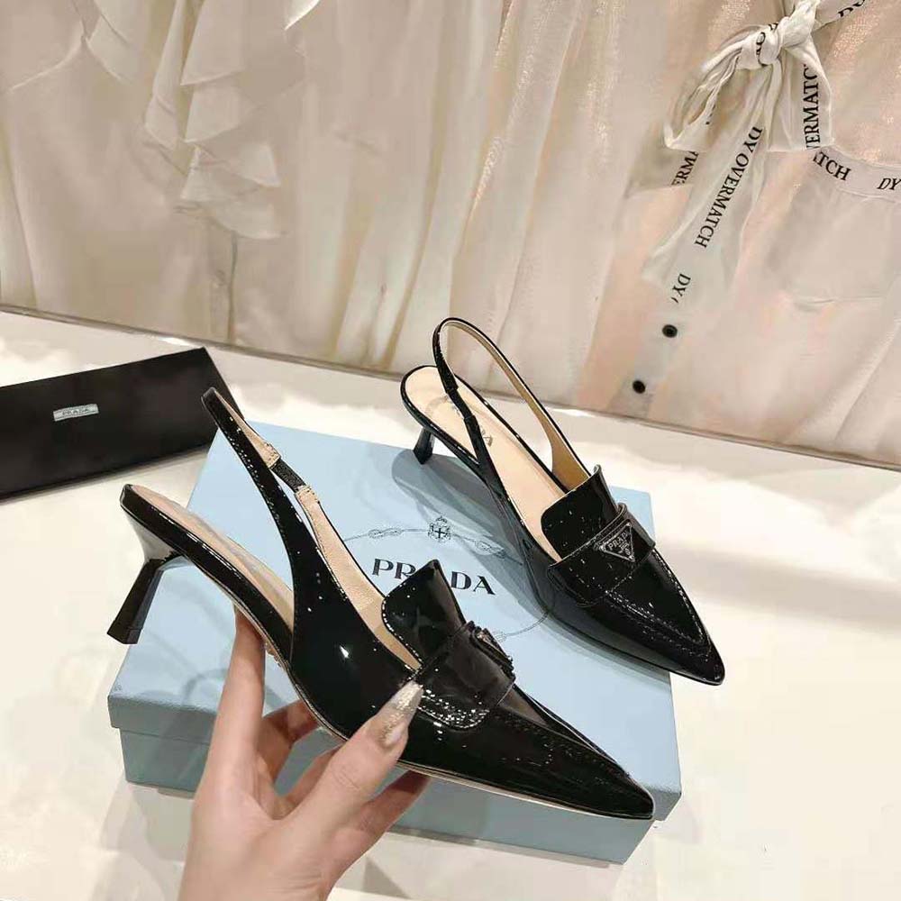 Top angled shot of Prada Women Patent Leather Slingbacks-Black showing slingback strap
