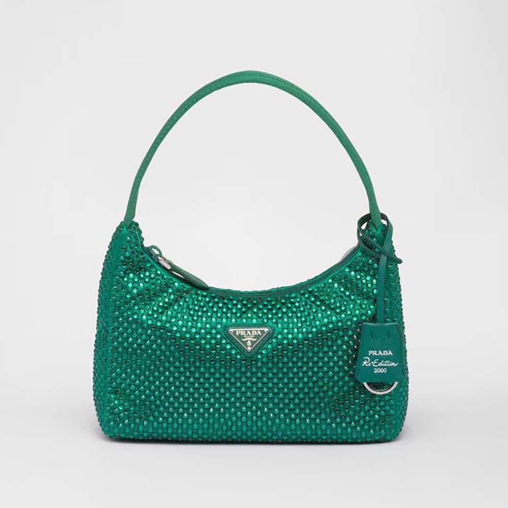 Front view of Prada Women Satin Mini-Bag with Crystals-Green showing crystal details