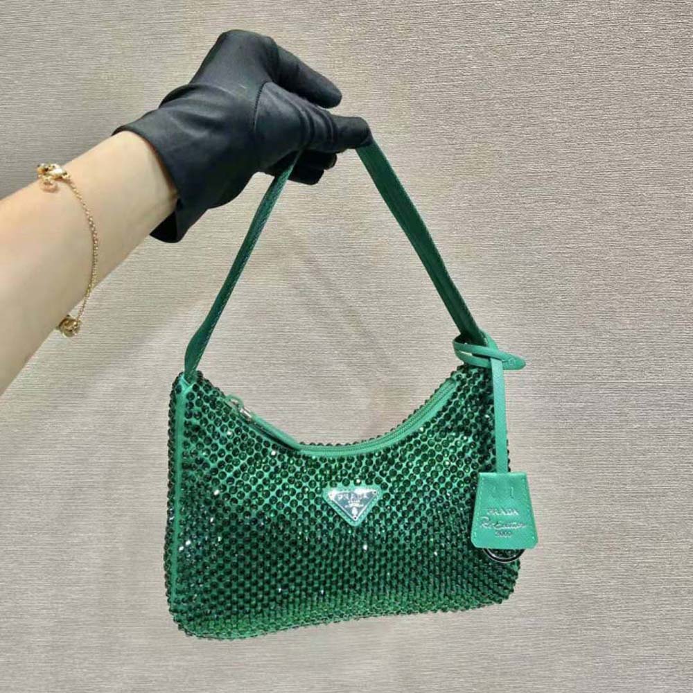 Close-up of silver hardware and green satin texture on Prada Women Satin Mini-Bag