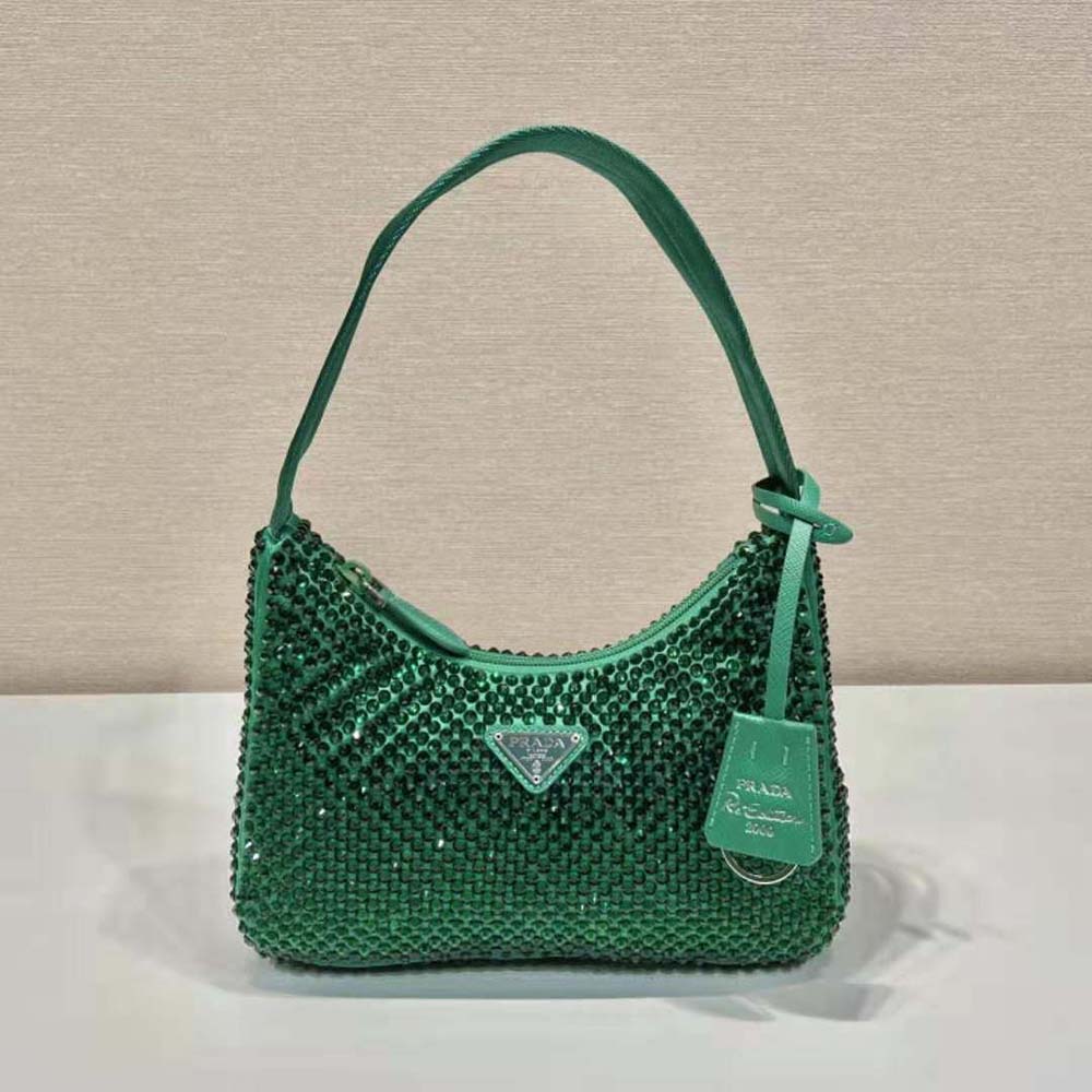 Side angle of Prada Women Satin Mini-Bag with Crystals-Green highlighting compact silhouette