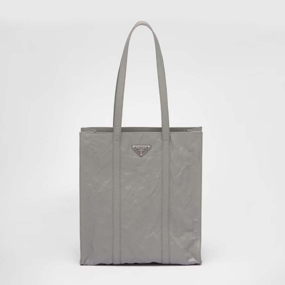 Front view of Prada Women Small Antique Nappa Leather Tote-Gray