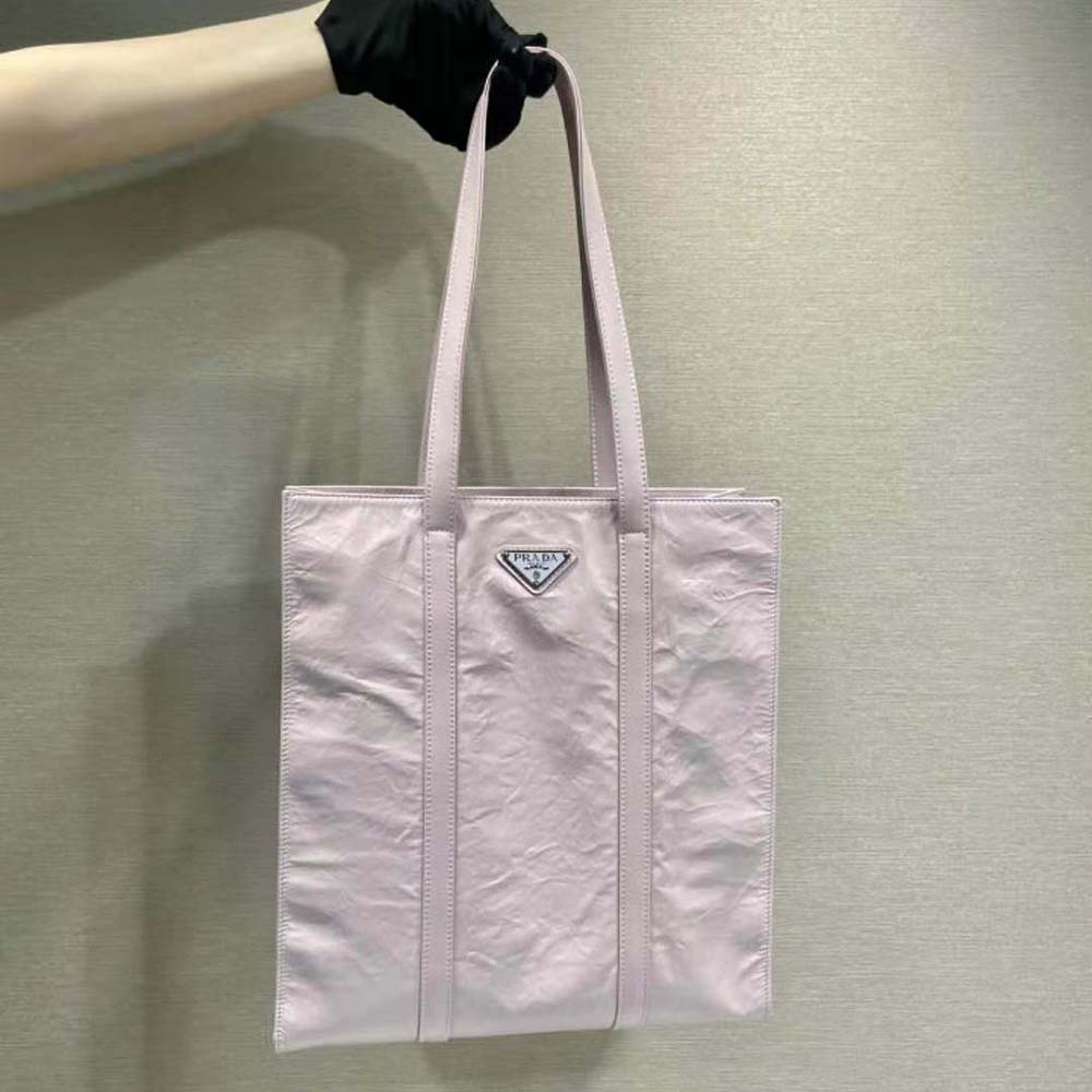 Close-up of silver hardware on Prada Women Small Antique Nappa Leather Tote-Pink
