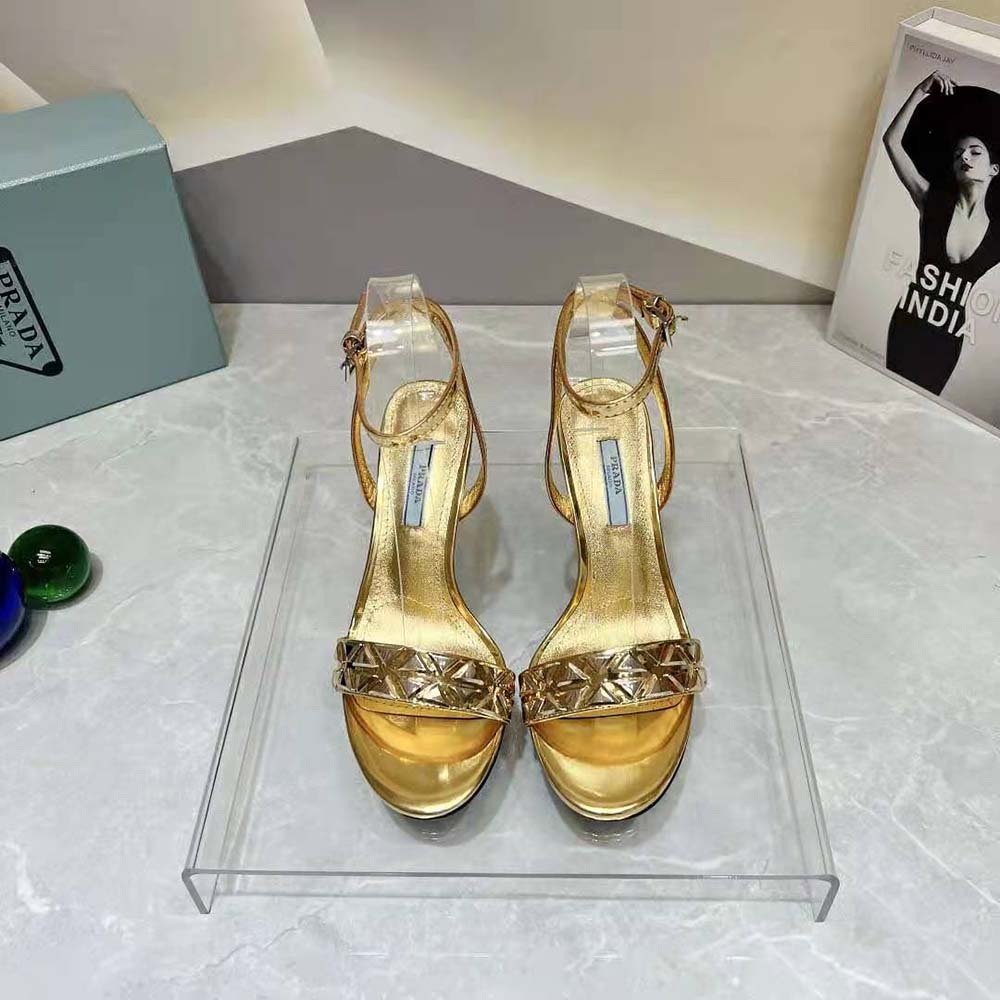 Close-up of gold stud detailing on Prada Women Studded Metallic Leather High-Heeled Sandals