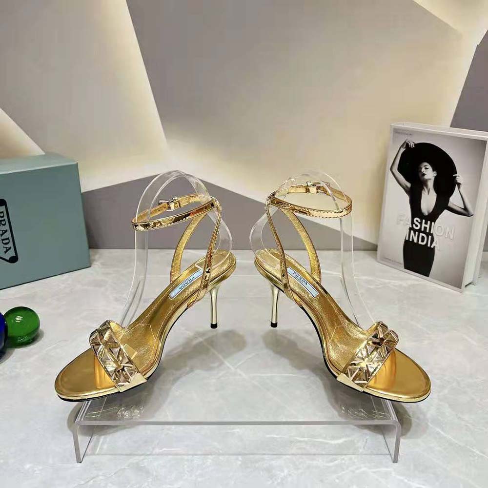Top angle showing ankle strap and buckle on Prada Women Studded Metallic Leather High-Heeled Sandals