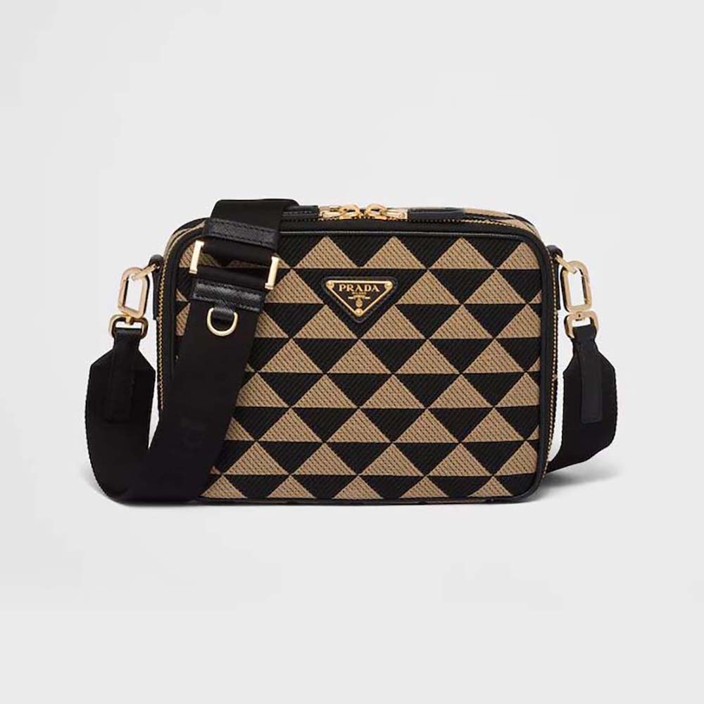 Front view of Prada Women Symbole Embroidered Fabric Bag in brown