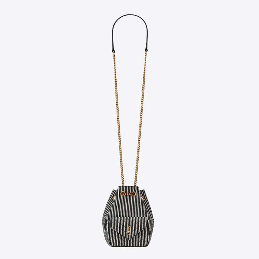 Front view of Saint Laurent YSL Women Joe Mini Bucket Bag in Micro Stripped Denim